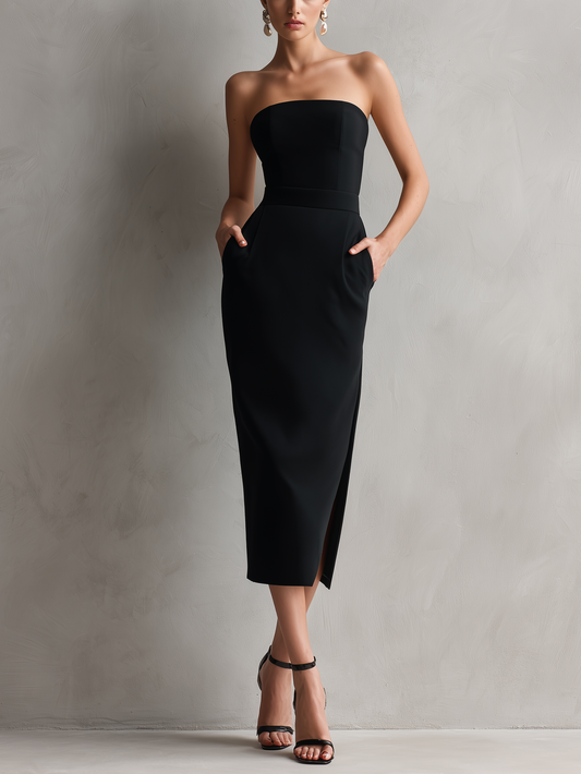 Elegant Black Midi Dress for Women with Strapless Bodycon Side Slit Cocktail Style