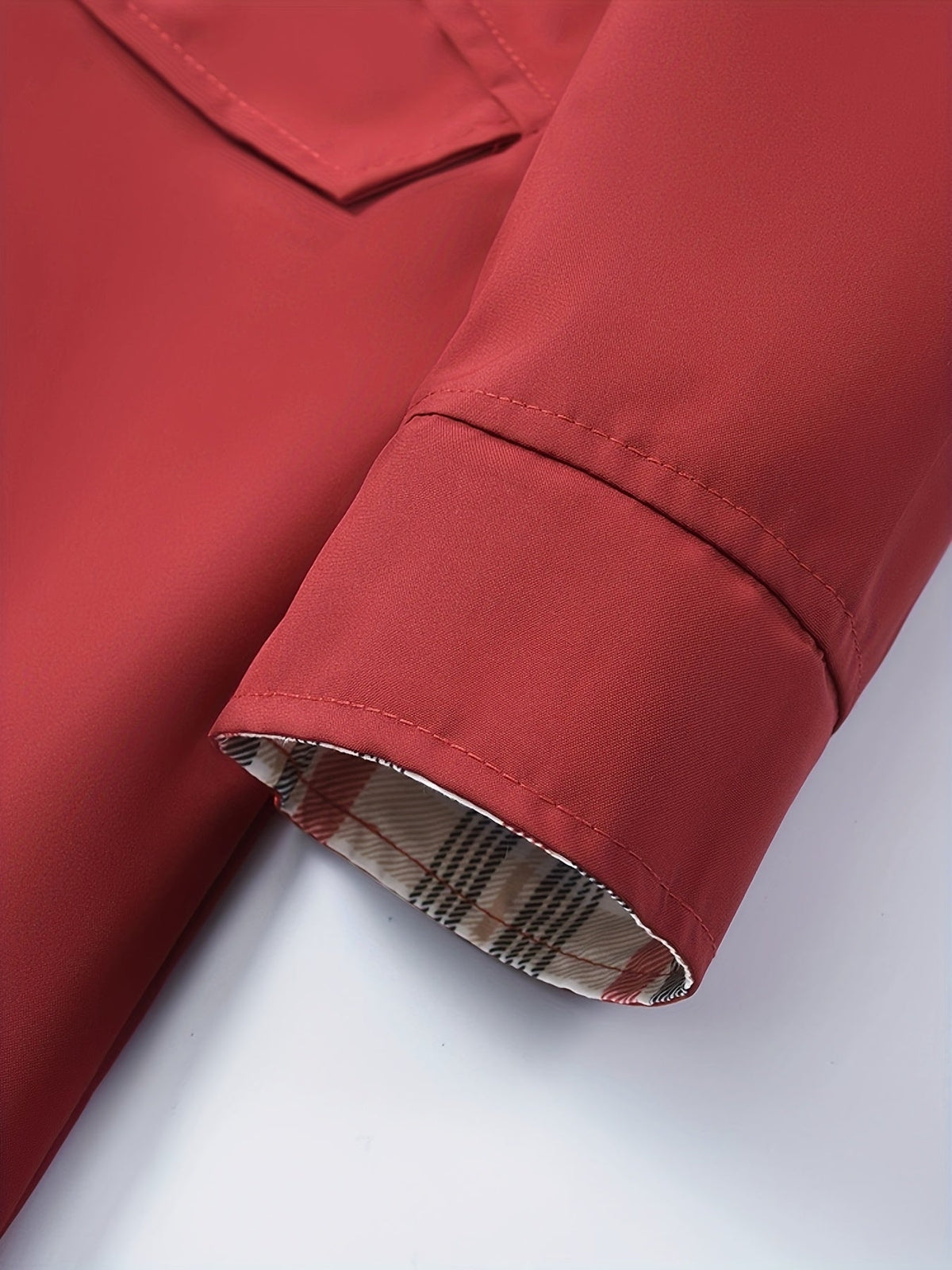 Chic Red Hooded Rainwear Jacket for Women with Plaid Lining Drawstring Waist Front Zip All Weather Style