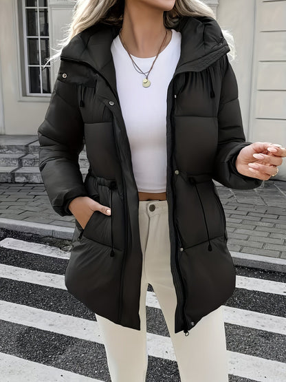 Warm Padded Ski Jacket for Women with Hooded Long Sleeve Elastic Drawstring Zip Pocket Style