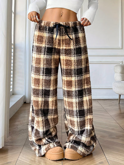 Cozy Plaid Fleece Sweatpants for Women with Elastic Drawstring Wide Leg Plush Loungewear Style