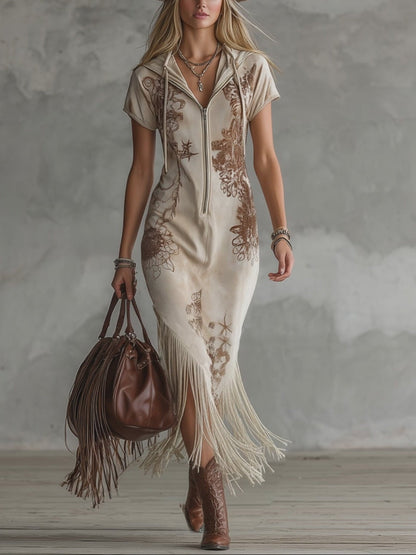 Effortless Off-White Tribal Print Hooded Maxi Dress for Women with Zip Front Short Sleeve Fringe Hem Bohemian Style