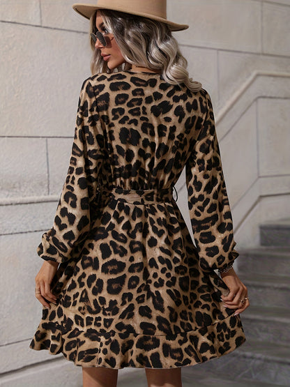 Chic Leopard Print Long Sleeve Mini Dress for Women with V Neck Wrap Waist Draped Style
