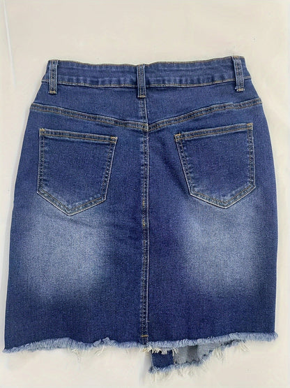 Elegant Blue Distressed Denim Mini Skirt for Women with Button Front Frayed Hem Asymmetrical Style