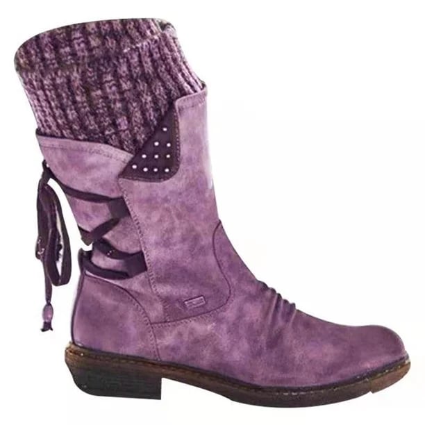 Comfortable Suede Rainproof Boots for Women with Knit Cuff Lace Up Chunky Heel Winter Style