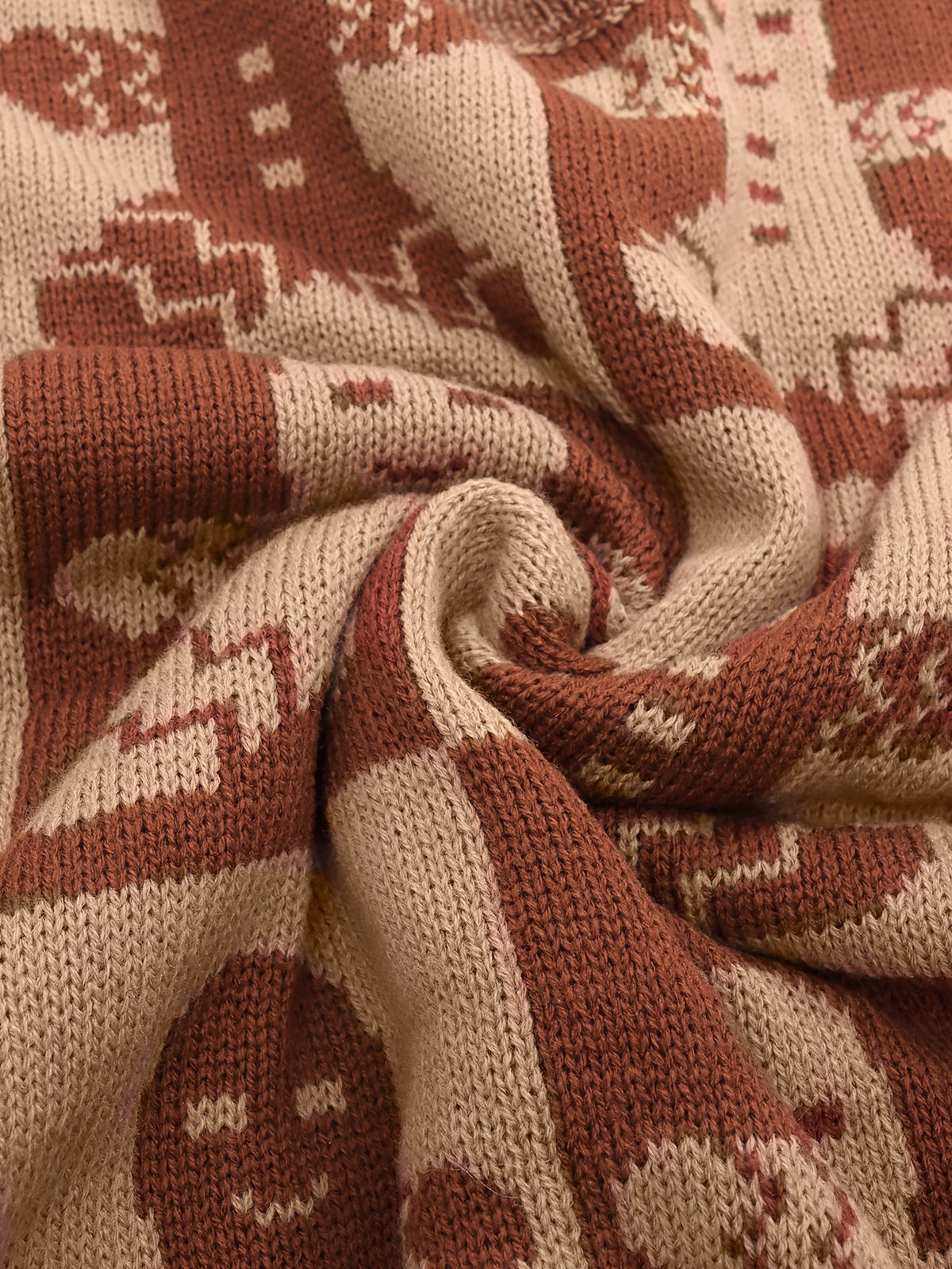 Warm Light Brown Gingerbread Christmas Sweater for Women with Crew Neck Balloon Sleeve Checkered Easy Fit Knit Style