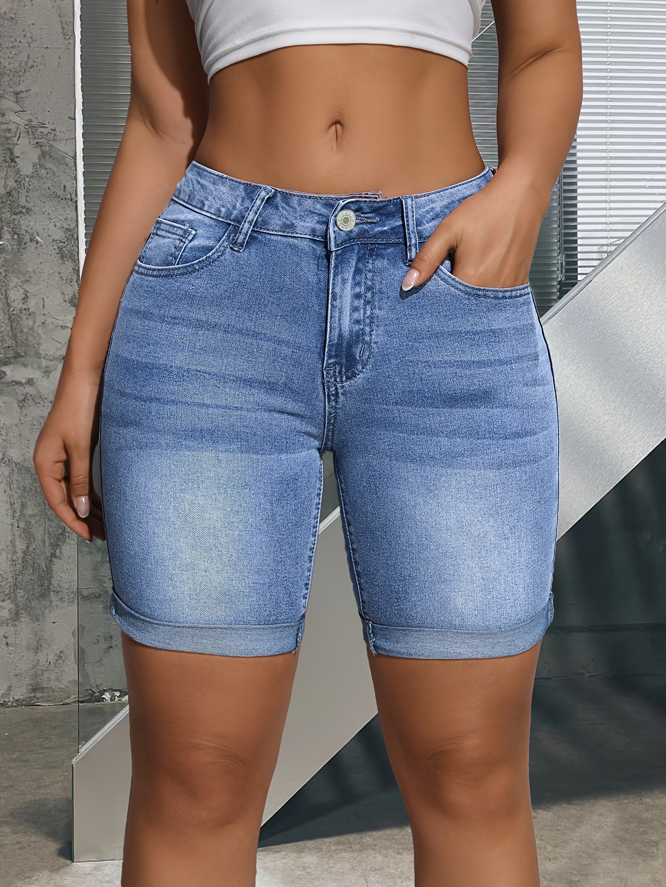 Effortless Blue Denim Bermuda Shorts for Women with High Waist Rolled Cuff Relaxed Casual Style