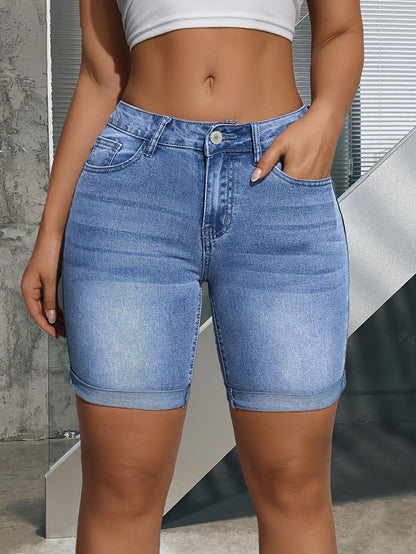 Effortless Blue Denim Bermuda Shorts for Women with High Waist Rolled Cuff Relaxed Casual Style