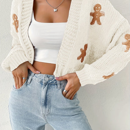 Warm Gingerbread Christmas Cardigan Sweater for Women with Open Front Long Sleeve Knit Festive Style