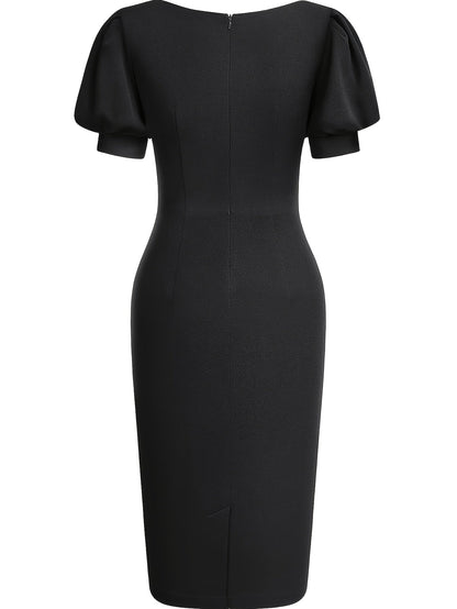 Effortless Cocktail Dress for Women with Scalloped V Neck Balloon Sleeve Bodycon Knee Length Occasion Style