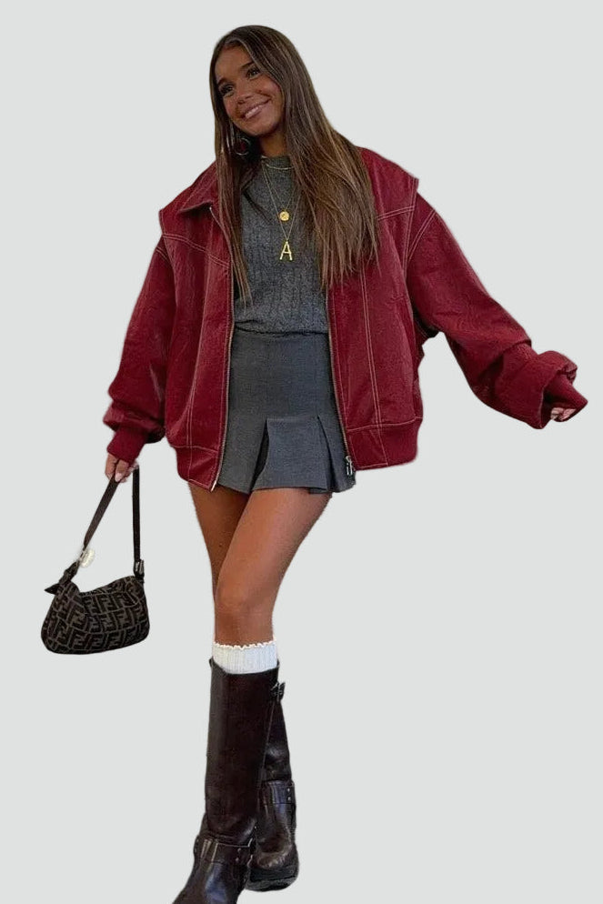 Women's Oversized Zip Front Pockets Bomber Jacket