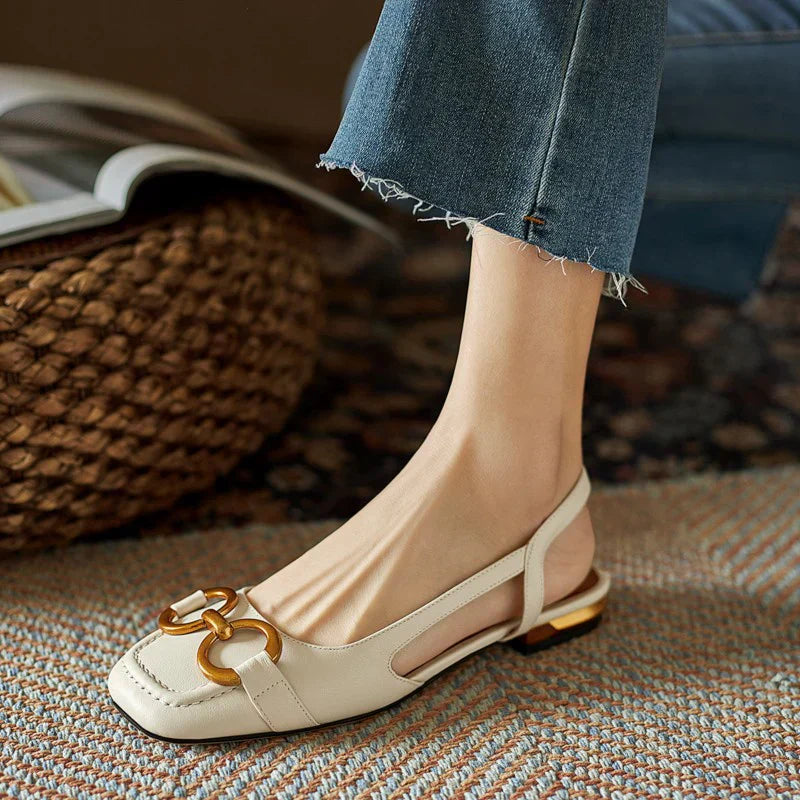 Elegant Suede Slingback Flat for Women with Square Toe Chain Buckle Low Block Heel Style