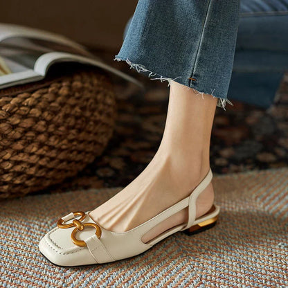 Elegant Suede Slingback Flat for Women with Square Toe Chain Buckle Low Block Heel Style
