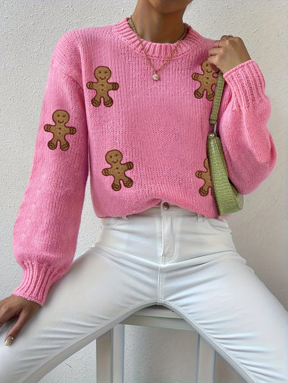 Warm Pink Gingerbread Christmas Tacky Sweater for Women with Round Neck Long Sleeve Knit Pullover Festive Style