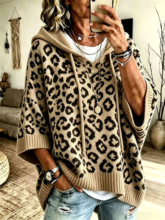 Easy Leopard Print Oversized Hoodie for Women with Hooded Neck Batwing Sleeve Drawstring Knit Style