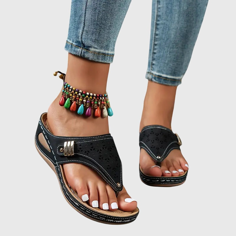 Comfortable Wedge Sandal for Women with Toe Post Buckle Strap Perforated Cushioned Style