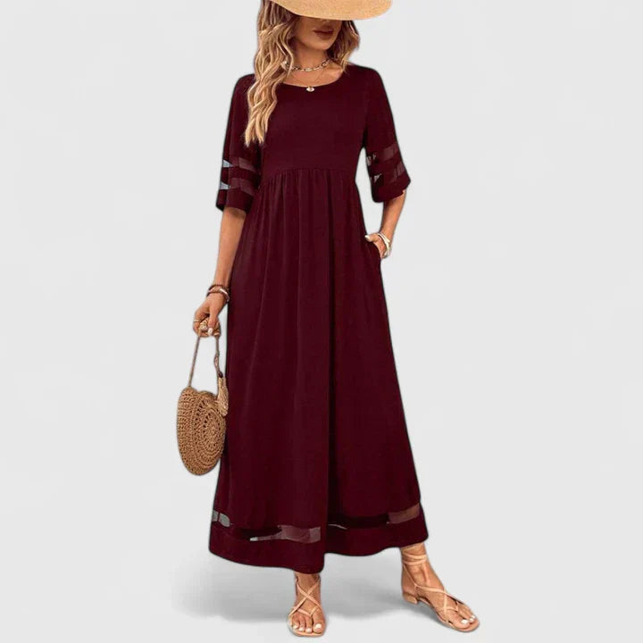 Effortless Red Maxi Dress for Women with Round Neck Elbow Sleeve Mesh Panel Flowing Bohemian Style