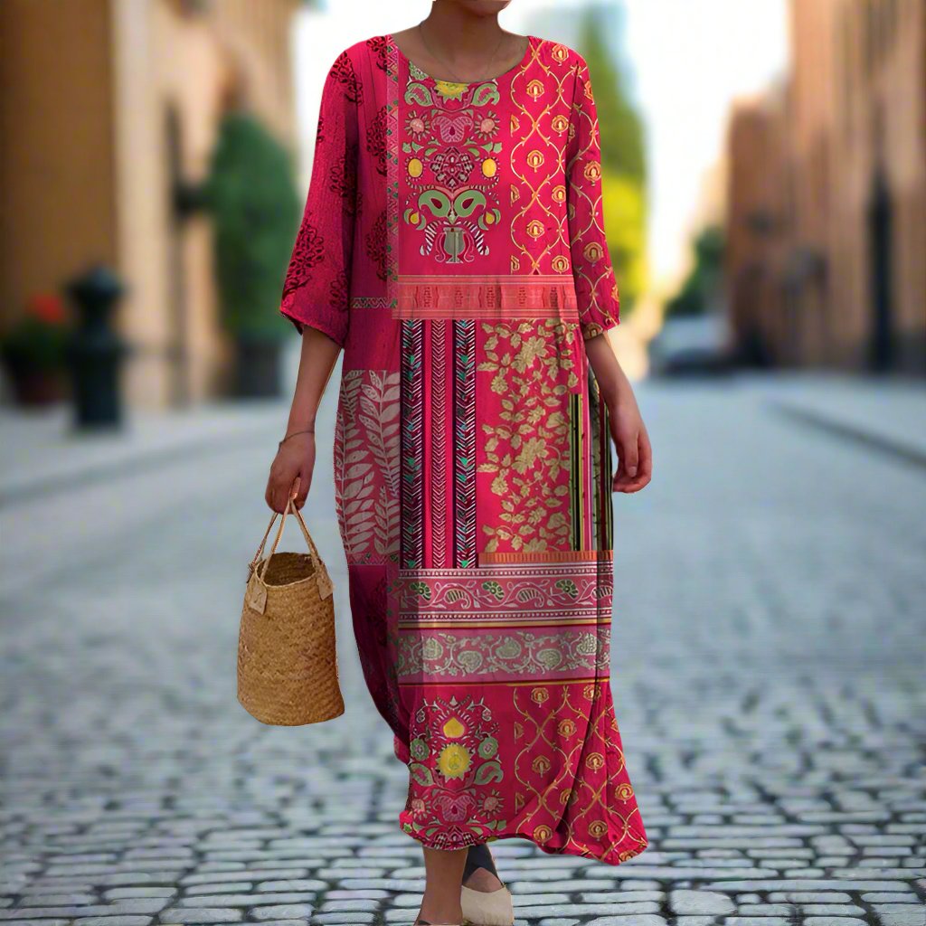 Effortless Pink Patchwork Print Maxi Dress for Women with Round Neck Elbow Sleeve Flowing Bohemian Style