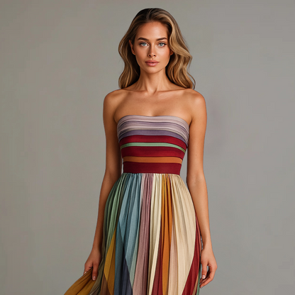 Elegant Multicolor Striped Maxi Dress for Women with Strapless Pleated A Line Flowing Wedding Guest Style