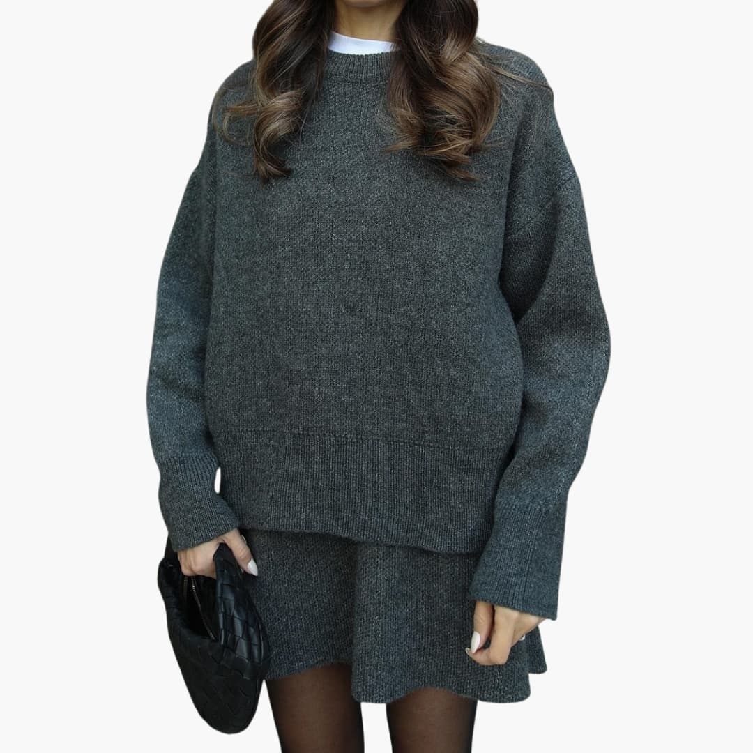 Stylish Black Knit Two Piece Set for Women with Round Neck Sweater High Waist Mini Skirt Loungewear Style