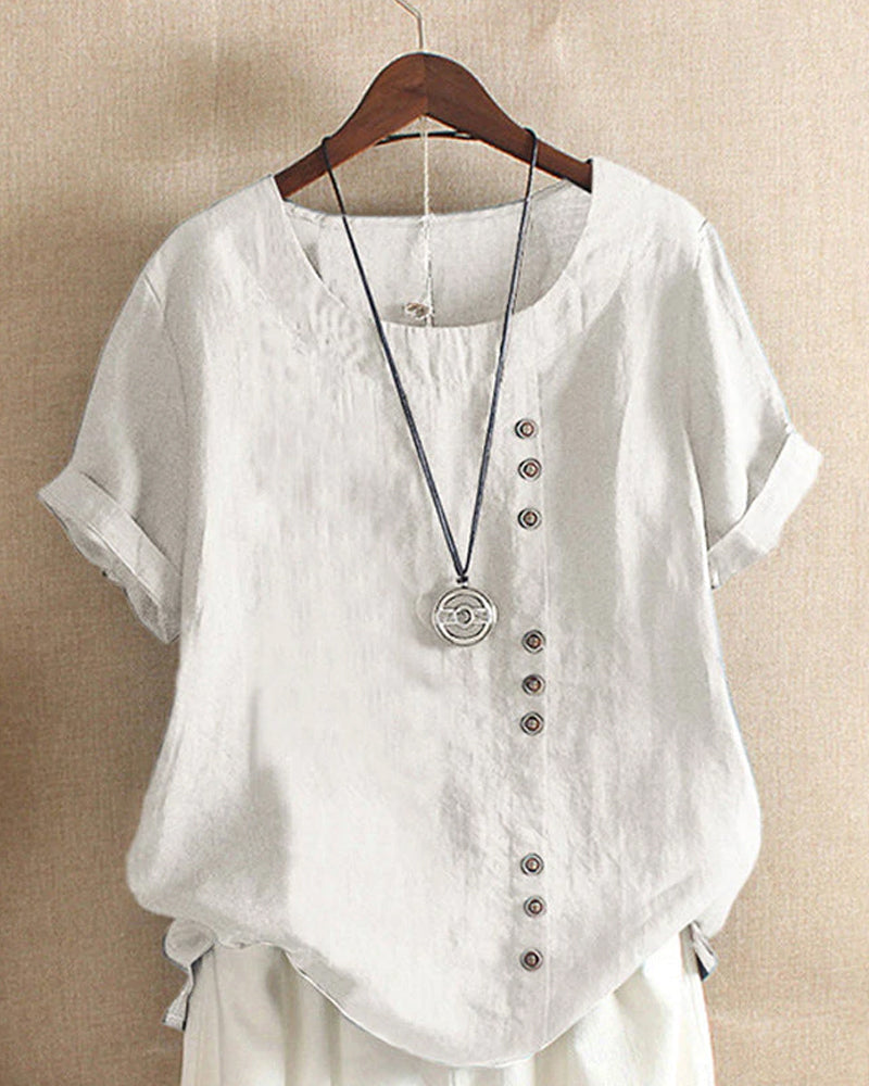 Effortless Linen Blouse for Women with Round Neck Short Sleeve Button Placket Relaxed Style