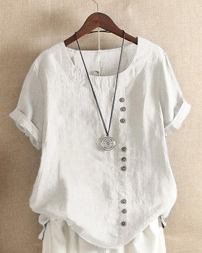 Effortless Linen Blouse for Women with Round Neck Short Sleeve Button Placket Relaxed Style