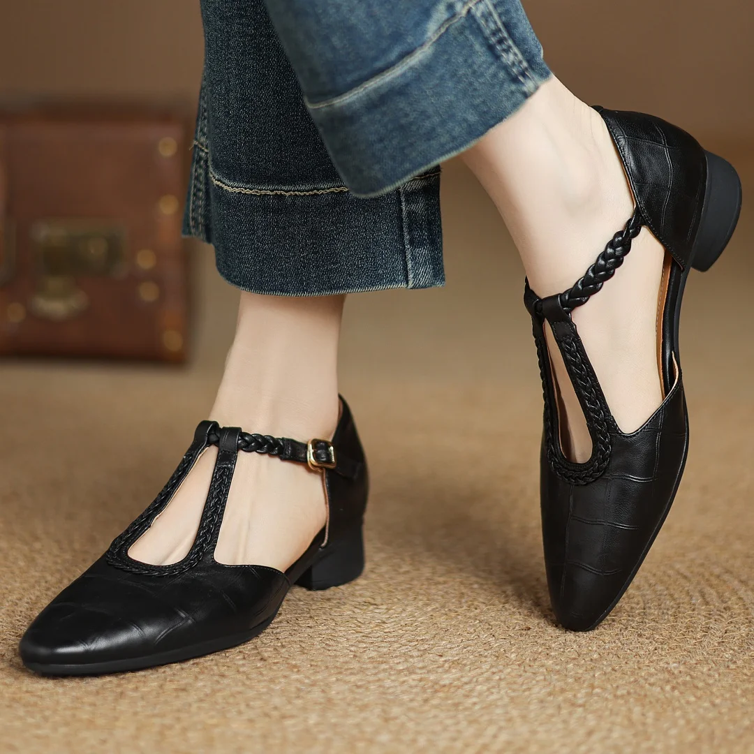 Elegant Croc Print Leather T-Strap Flats for Women with Braided Strap Pointed Toe Block Heel Style