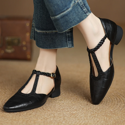 Elegant Croc Print Leather T-Strap Flats for Women with Braided Strap Pointed Toe Block Heel Style