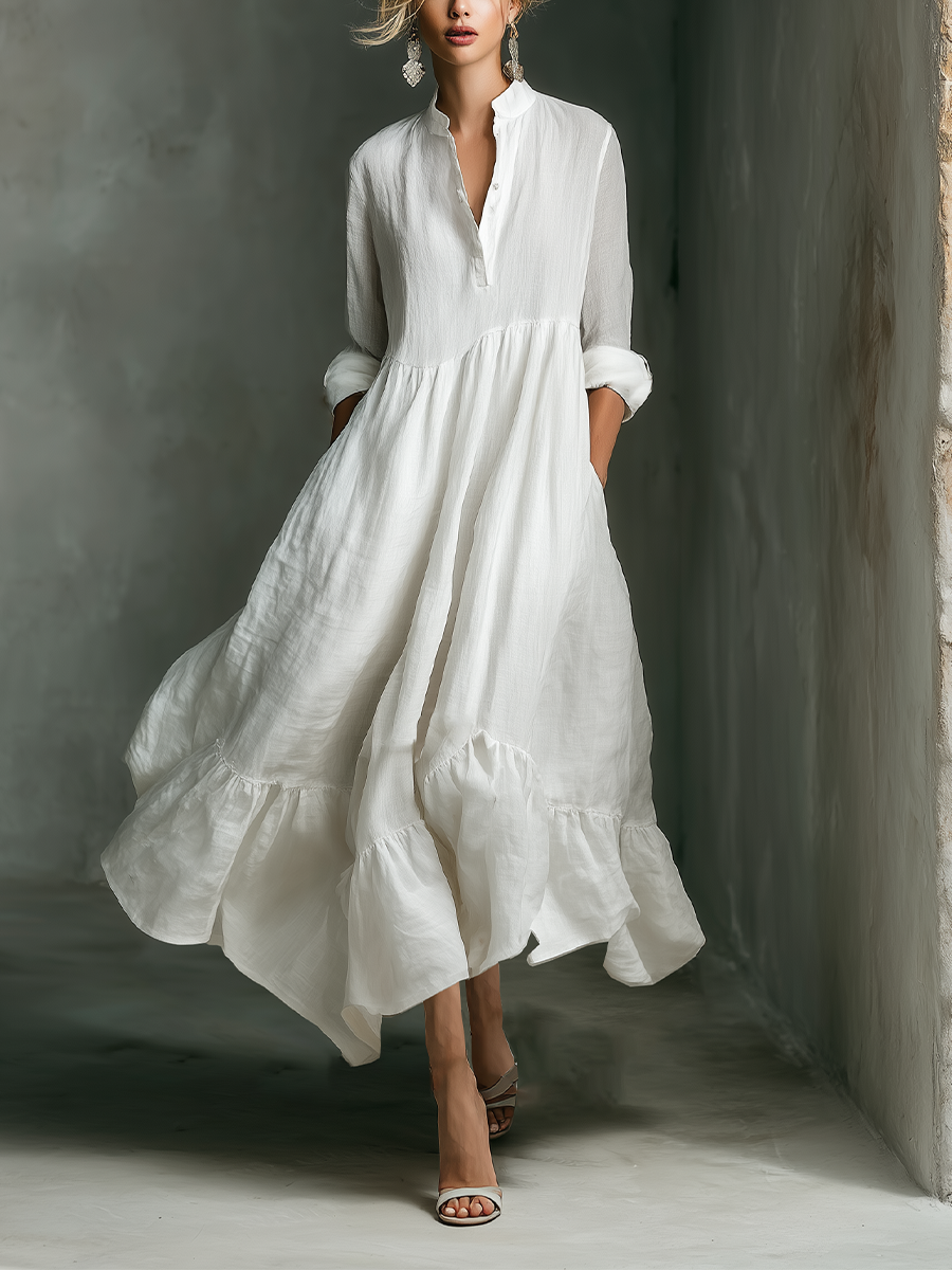 Elegant White Linen Maxi Dress for Women with V Neck Long Sleeve Tiered Ruffle Flowing Bohemian Style