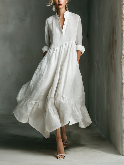 Elegant White Linen Maxi Dress for Women with V Neck Long Sleeve Tiered Ruffle Flowing Bohemian Style