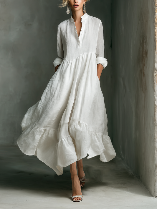 Elegant White Linen Maxi Dress for Women with V Neck Long Sleeve Tiered Ruffle Flowing Bohemian Style