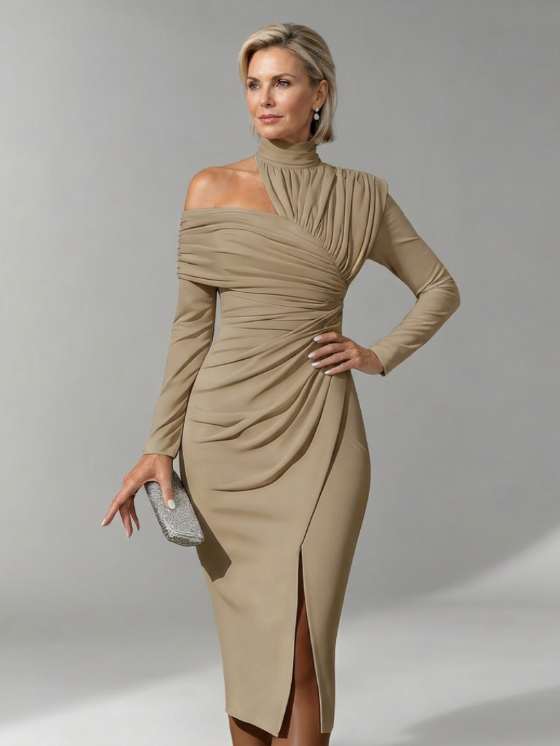 Elegant Draped Midi Dress for Women with High Neck Long Sleeve One Shoulder Ruched Formal Wedding Guest Style