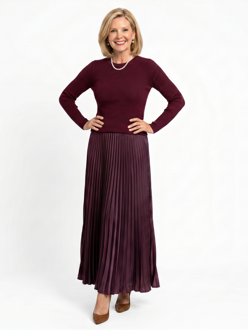 Women Pleated Satin Maxi Skirt
