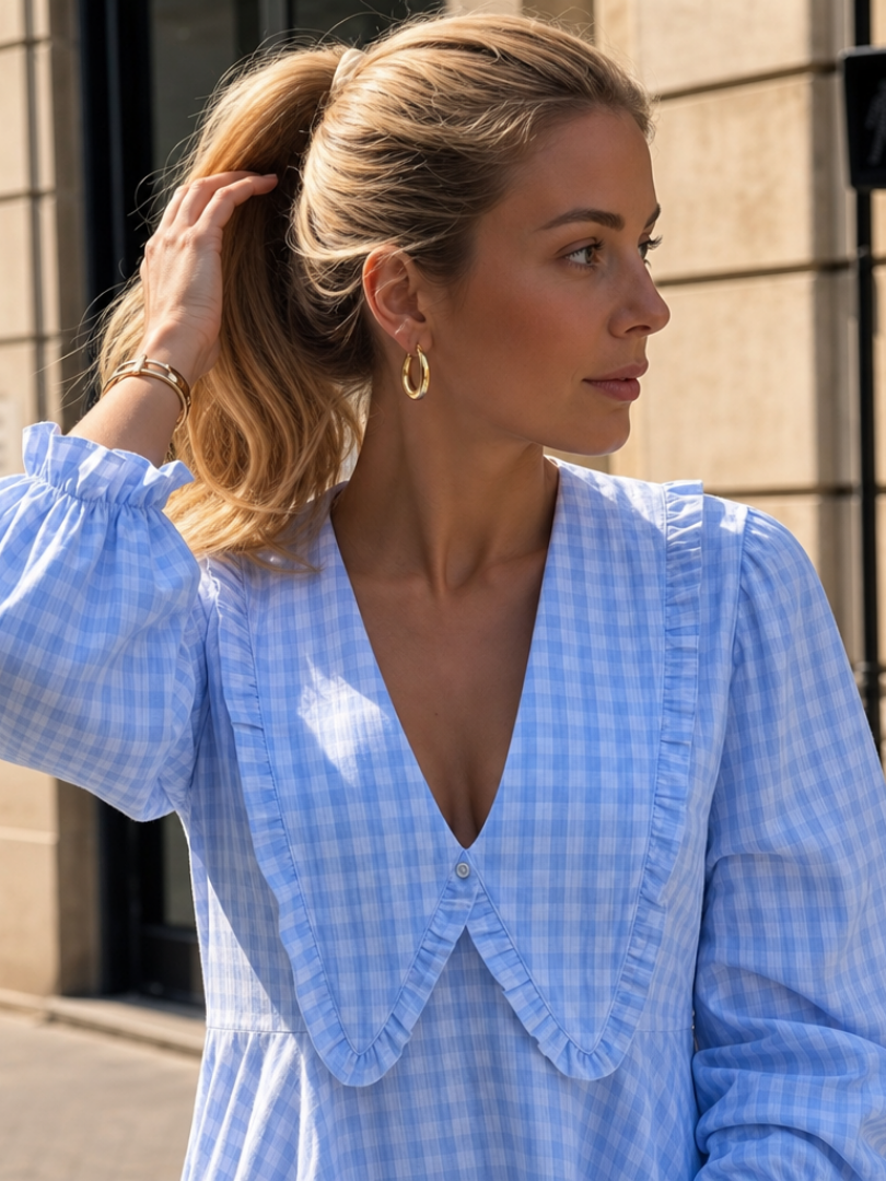 Women Gingham Ruffle Collar Long Sleeve Mini Dress