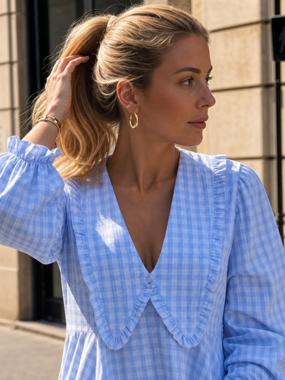 Women Gingham Ruffle Collar Long Sleeve Mini Dress