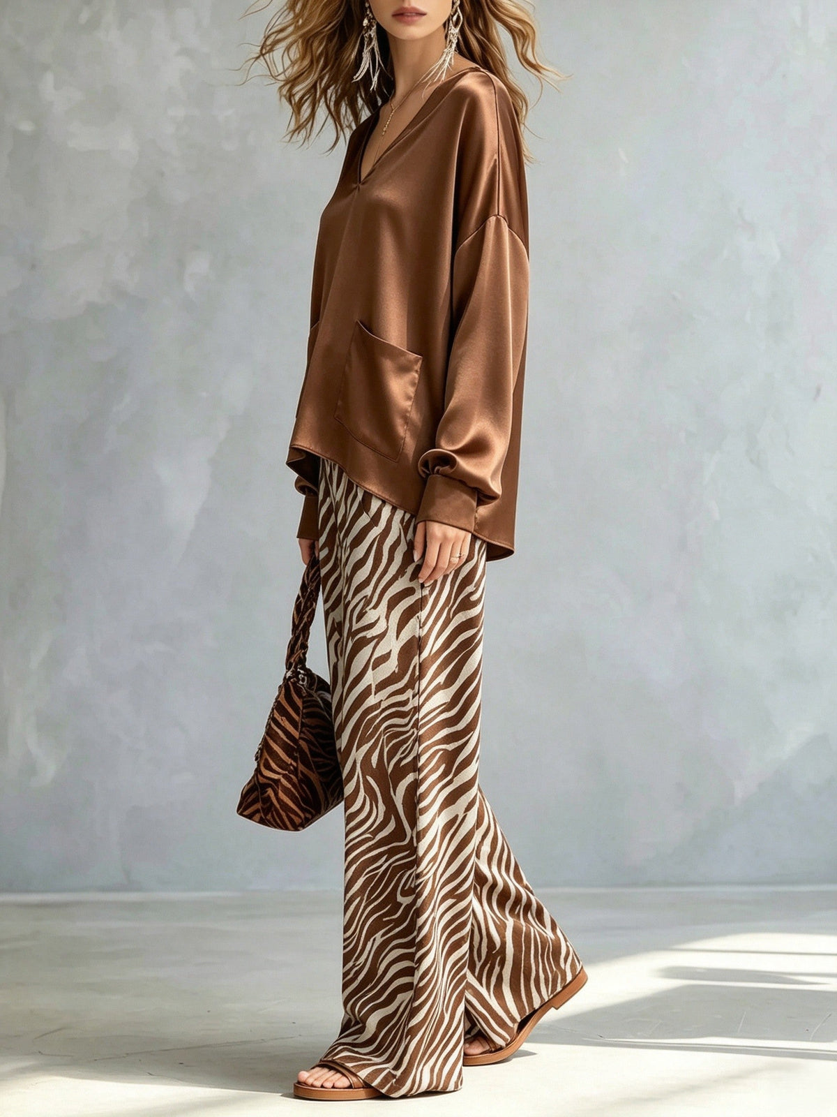 Chic Brown Satin Two Piece Set for Women with V Neck Top Zebra Print Relaxed Leg Pants Standout Style