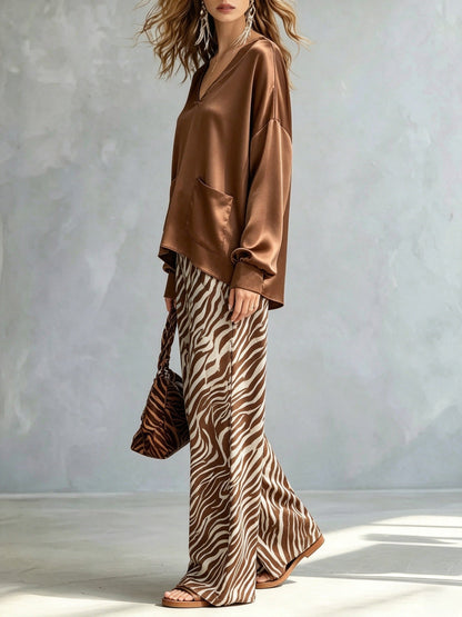 Chic Brown Satin Two Piece Set for Women with V Neck Top Zebra Print Relaxed Leg Pants Standout Style
