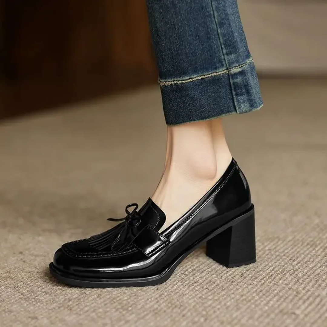 Elegant Patent Leather Tassel Loafer for Women with Bow Detail Block Heel Almond Toe Style