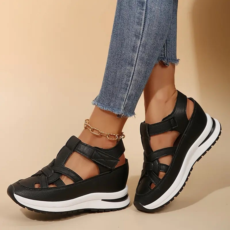 Effortless Woven Wedge Sneaker Sandal for Women with Velcro Strap Closed Toe Chunky Sole Casual Style