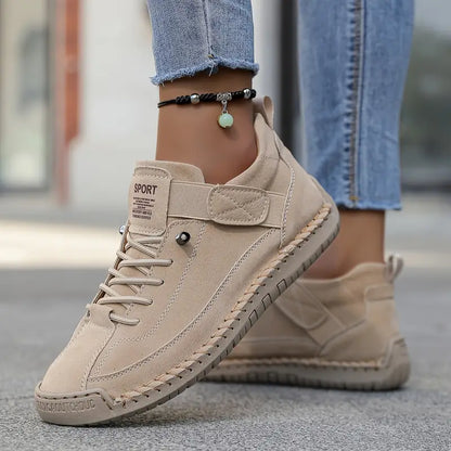 Comfortable Leather Sneakers for Women with Lace Up Velcro Strap Hand Stitched Casual Style
