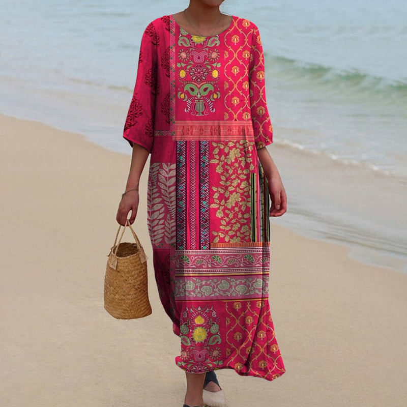 Effortless Pink Patchwork Print Maxi Dress for Women with Round Neck Elbow Sleeve Flowing Bohemian Style