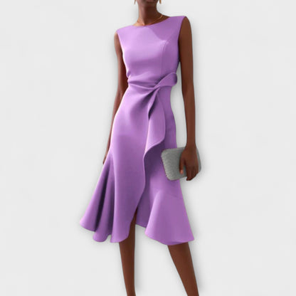 Elegant Draped Cocktail Dress for Women with Boat Neck Sleeveless Ruffle Hem Formal Party Style