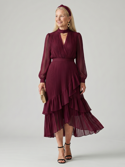 Elegant Red Dress for Women with High Neck Long Sleeve Tiered Ruffle Midi Style
