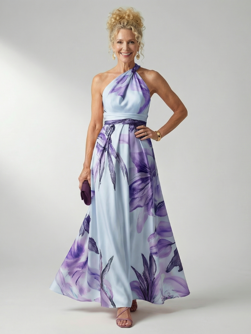 Elegant Floral Cocktail Dress for Women with One Shoulder Halter Sash Waist Flowing Maxi Style