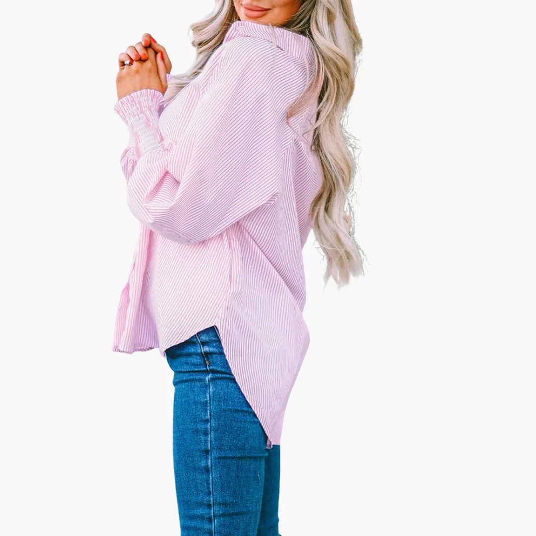 Effortless Striped Oversized Shirt for Women with Collar Long Sleeve Smocked Cuff Relaxed Style