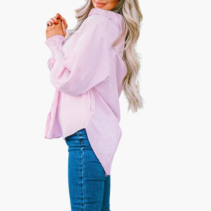 Effortless Striped Oversized Shirt for Women with Collar Long Sleeve Smocked Cuff Relaxed Style