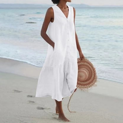 Effortless Linen Maxi Dress for Women with V Neck Sleeveless Button Front Tiered Flowing Bohemian Style