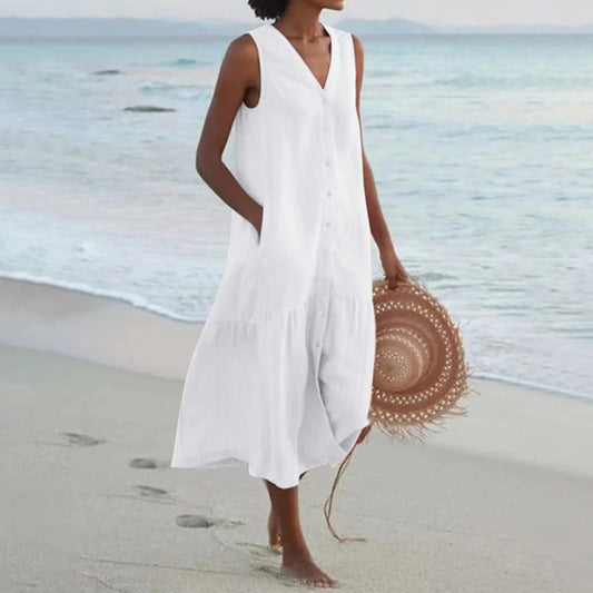 Effortless Linen Maxi Dress for Women with V Neck Sleeveless Button Front Tiered Flowing Bohemian Style