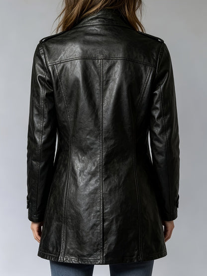Stylish Black Faux Leather Jacket for Women with Stand Collar Zip Front Fitted Daily Style