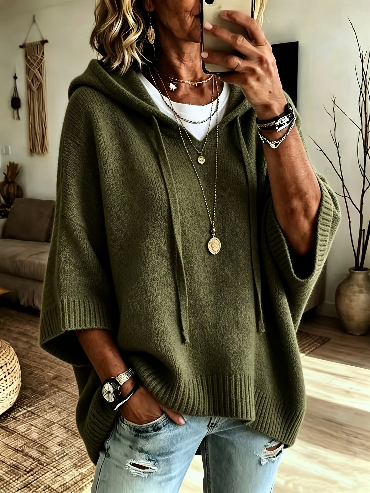 Easy Knit Oversized Hoodie for Women with Hooded Neck Half Sleeve Batwing Easy Style