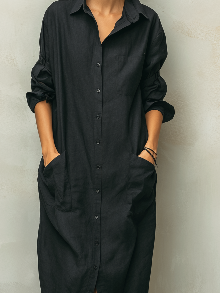 Effortless Black Linen Shirt Dress for Women with Collar Long Sleeve Button Front Oversized Casual Style